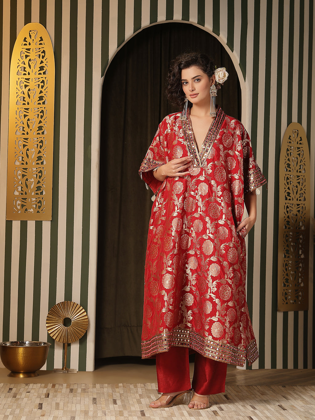 Red Banarasi Kurti Set with Mirror Work – shop soniyag