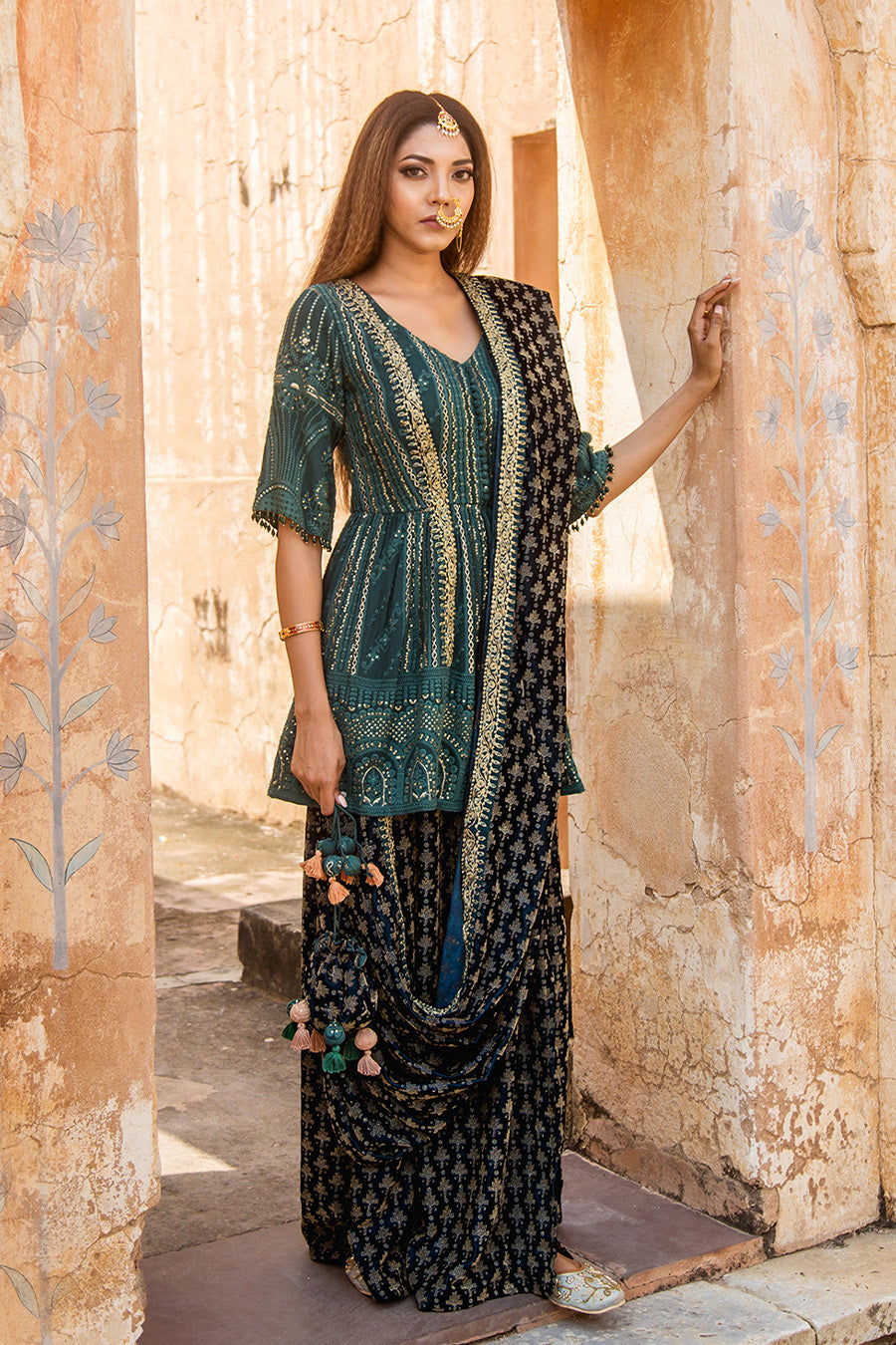 Peplum Top Kurti Paired With Velvet Dhoti And Attached Blouse