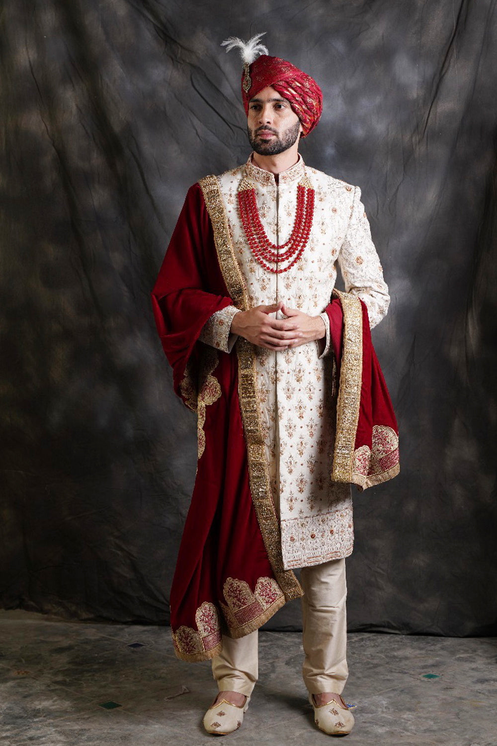 Offwhite Sherwani With Matcing Shawl Mala And Hand Tied Safa