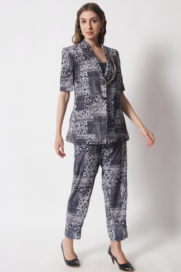Black And White Printed Velvet Co-Ord Set Embellished With Metal