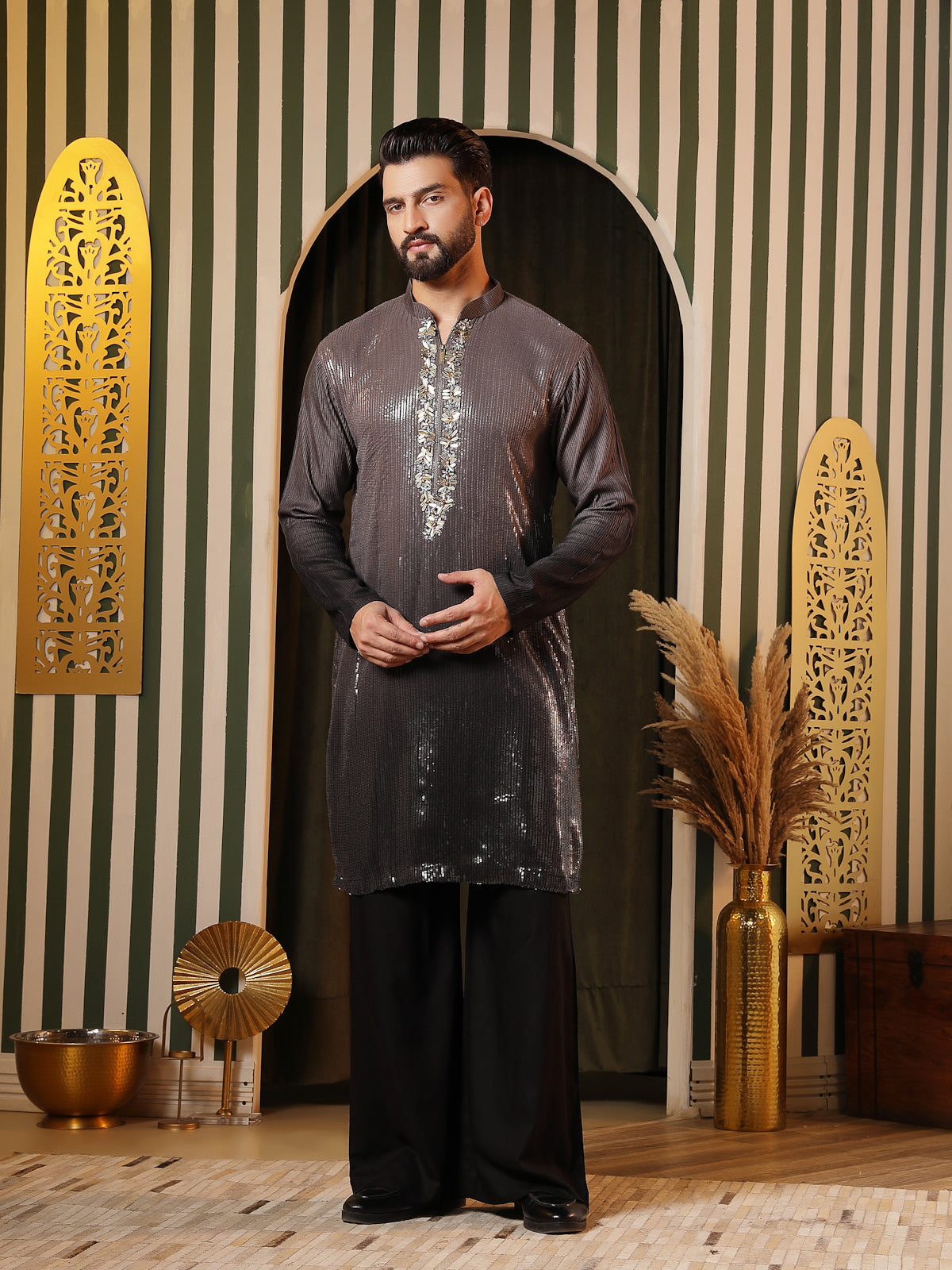 Black Kurta Set with Mirror & Metalwork Embroidery