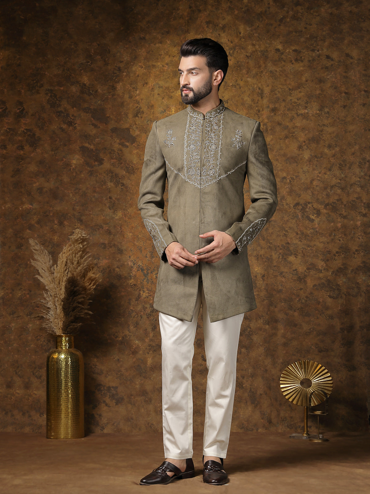Suede-Textured Indo-Western Sherwani with Silver Embroidery