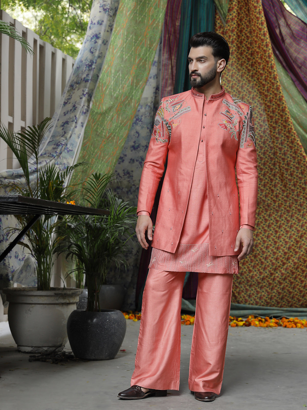 Coral Silk Indo-Western Sherwani with Mughal Floral Embroidery