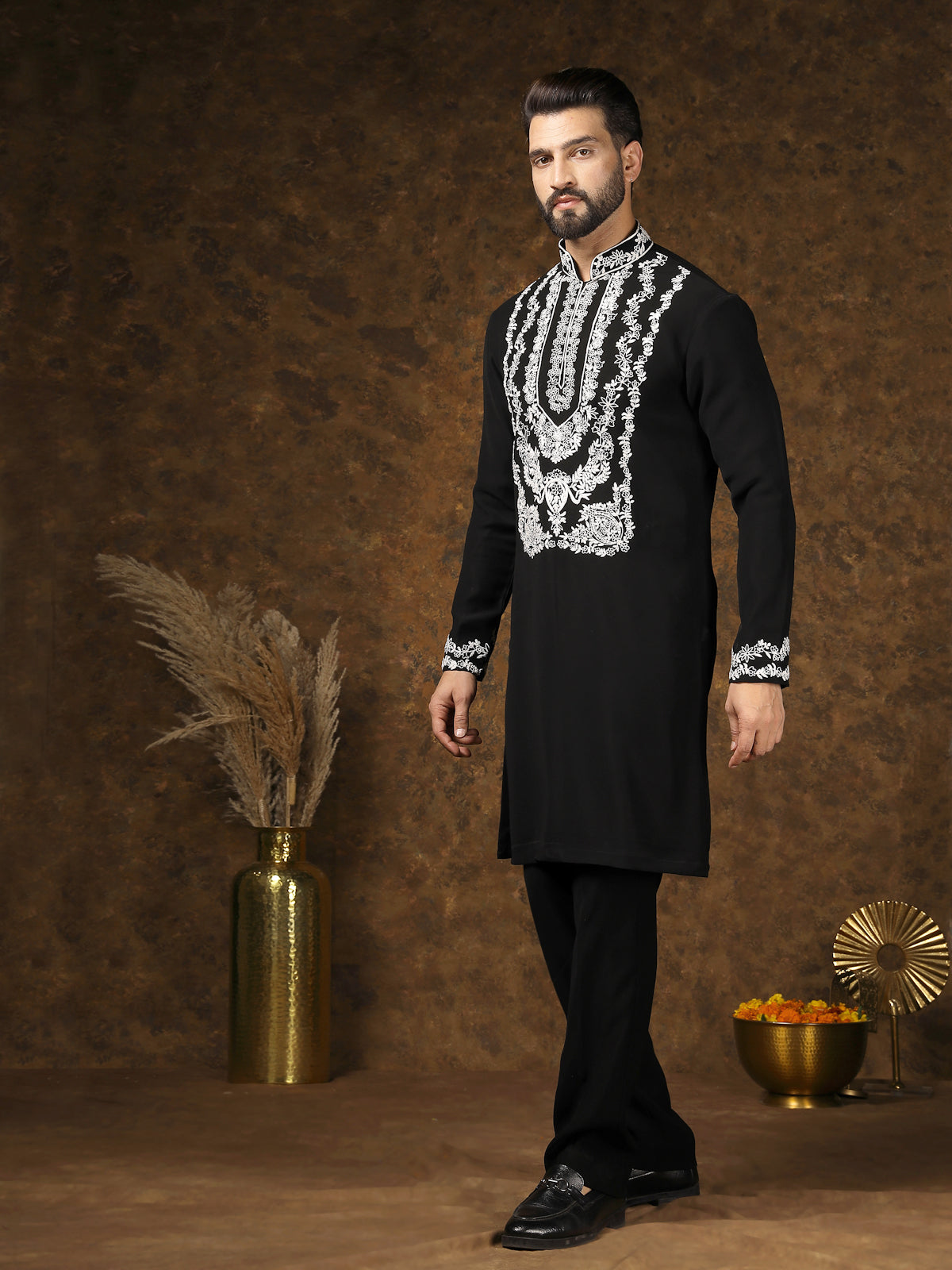 Black Kurta Set with Intricate White Embroidery