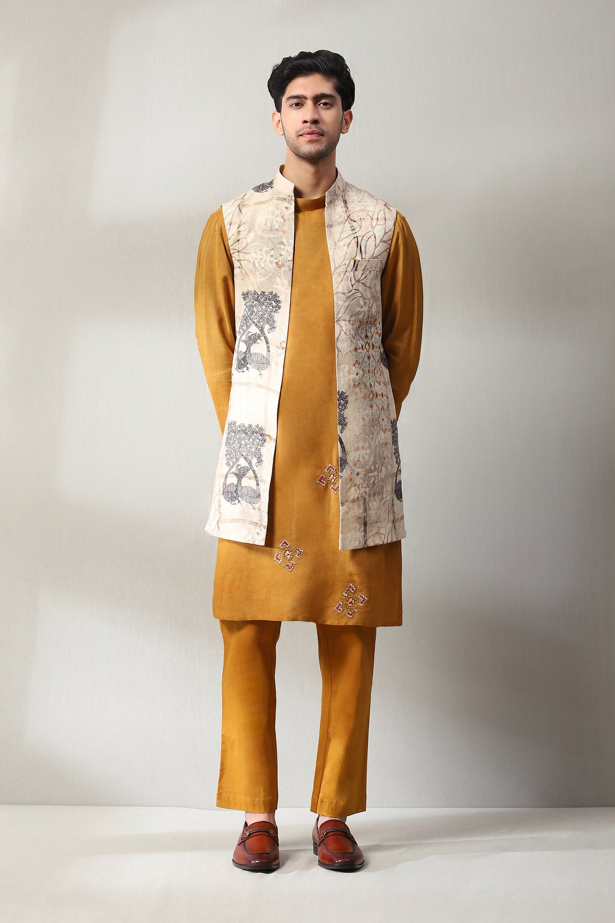 This mustard handmade printed kurta payjama