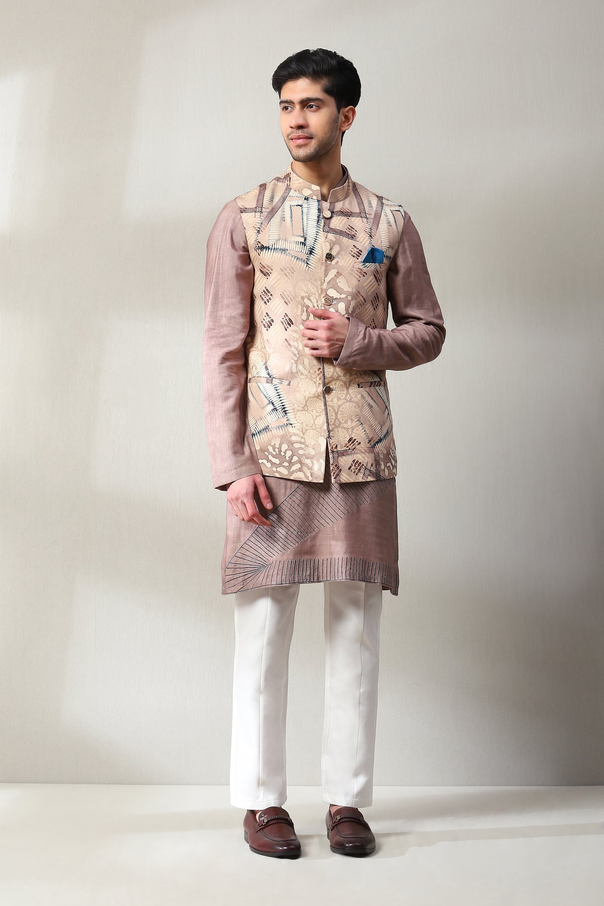 This handmade printed dusky pink jacket kurta payjama