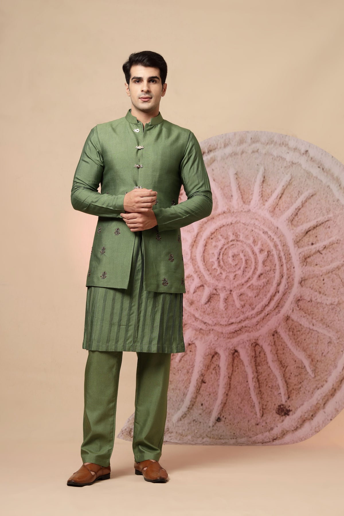 Heritage Silk Kurta set with jacket in Olive Green