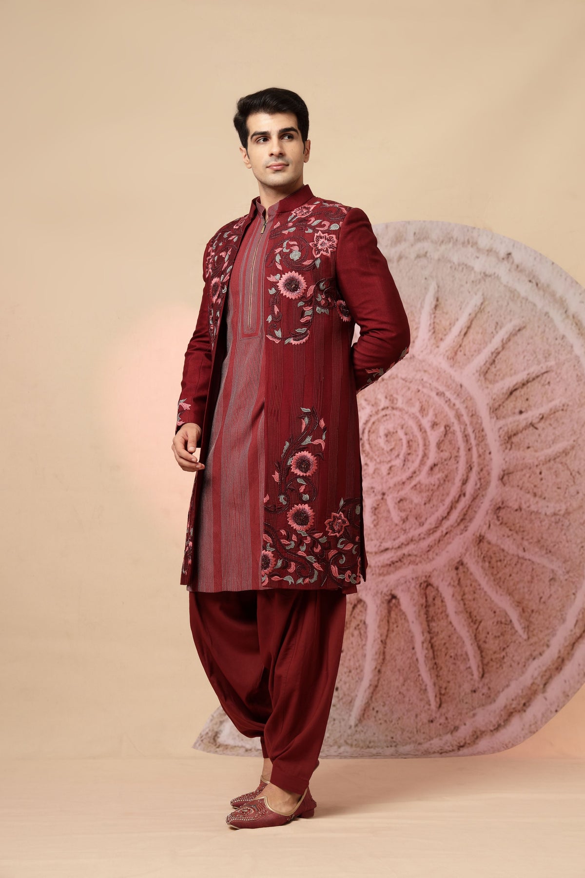 Royal Maroon Indo-Western Embroidered Sherwani with Pathani Salwar