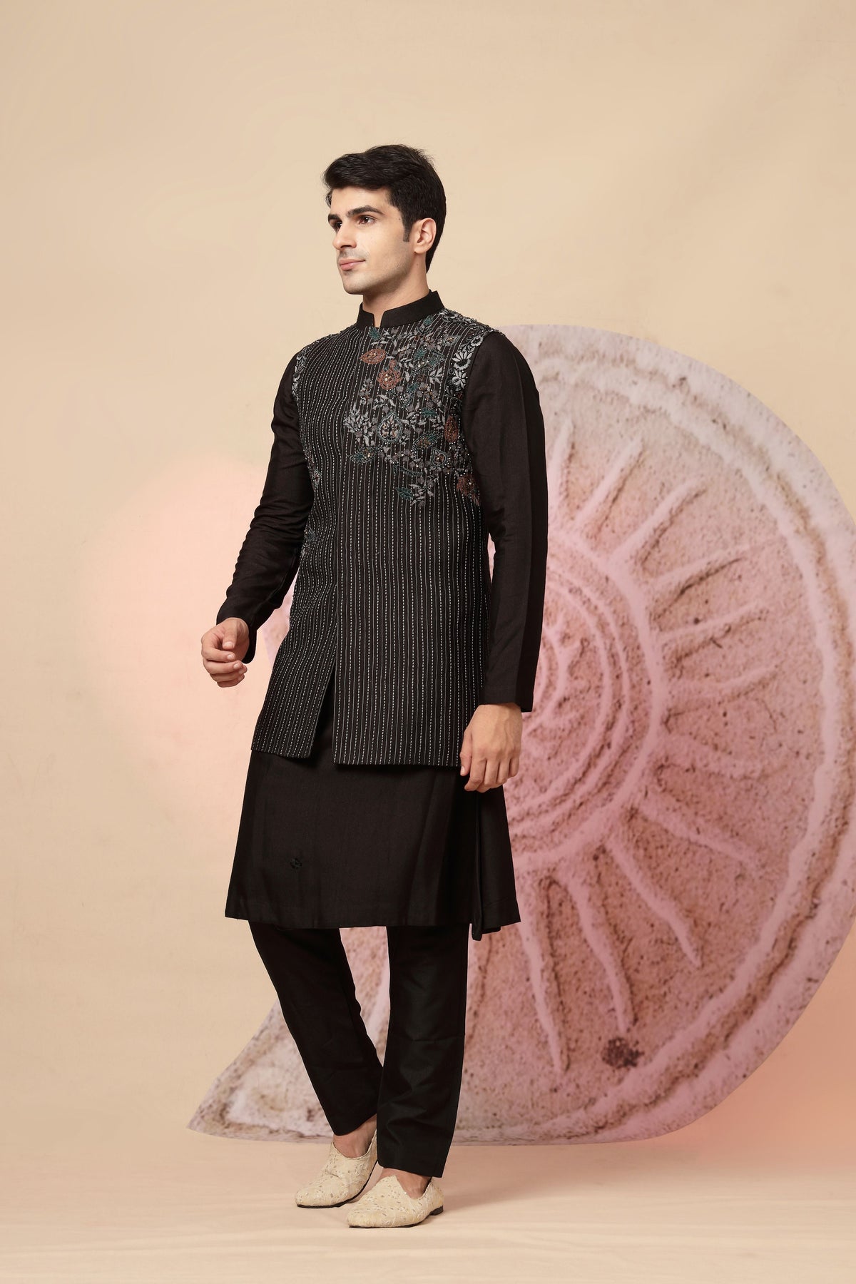 Black Kurta Set with Embroidered Waistcoat & Dupatta