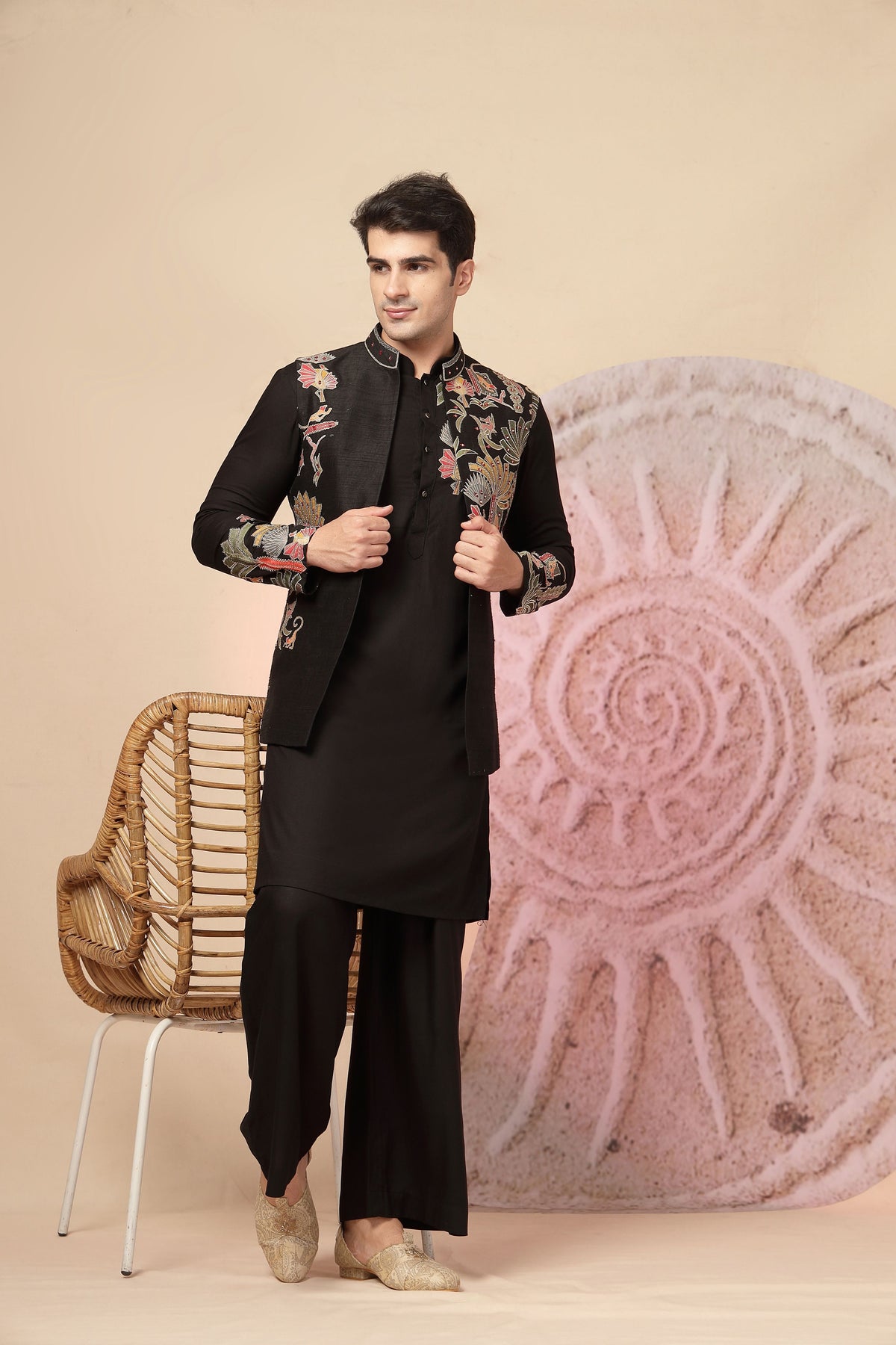 Black Indo-Western Kurta Pajama Set with Embroidered Nehru Jacket