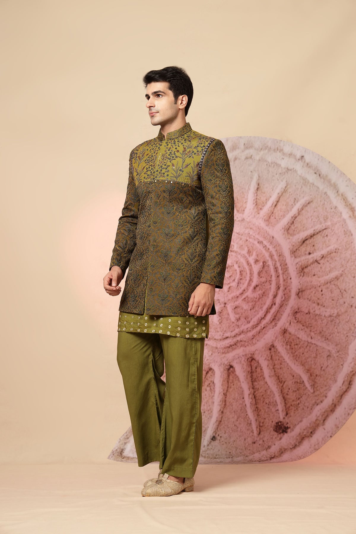 Olive Green Embroidered Indo-Western Kurta Set with Designer Jacket