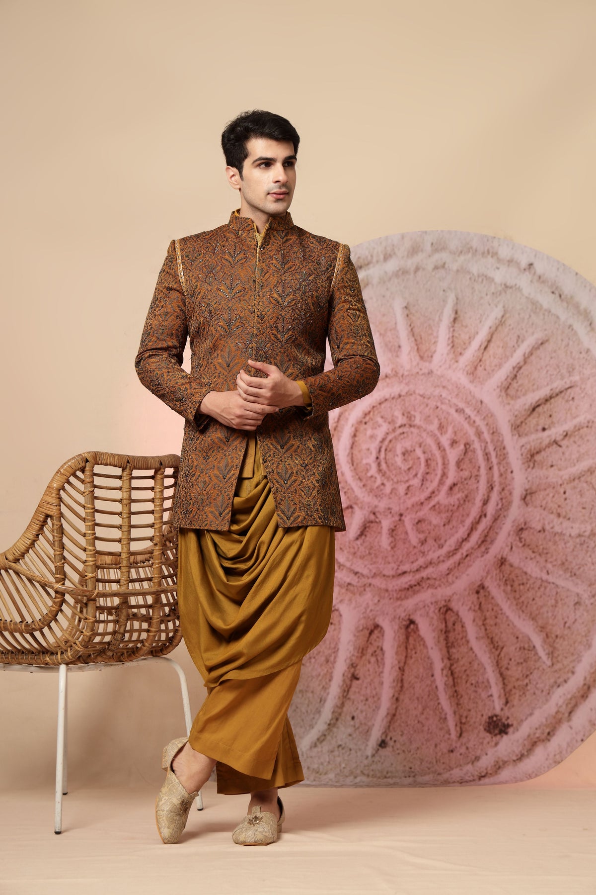 Mustard Brown Draped Cowl Kurta Set with Heavy Embroidered Jacket