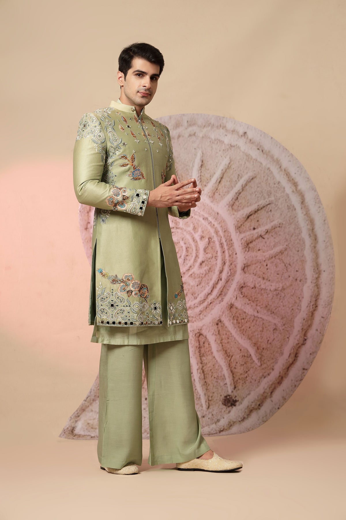Regal Green Embroidered Festive Jacket with Mirror Work and Palazzo Pants