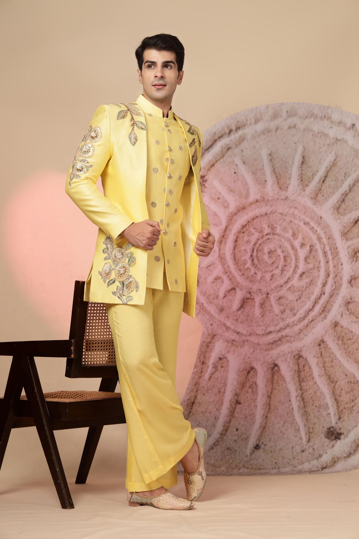 Sunny Yellow Embroidered Festive Jacket with Kurta and Palazzo Pants