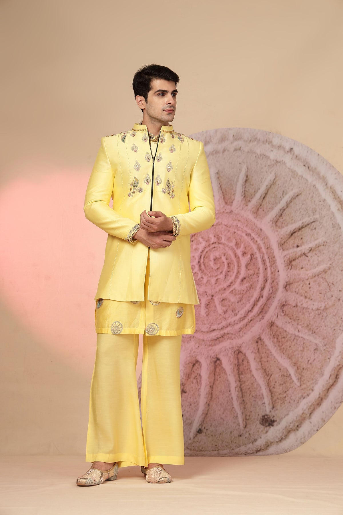 Radiant Yellow Embroidered Kurta Jacket Ensemble with Palazzo Pants