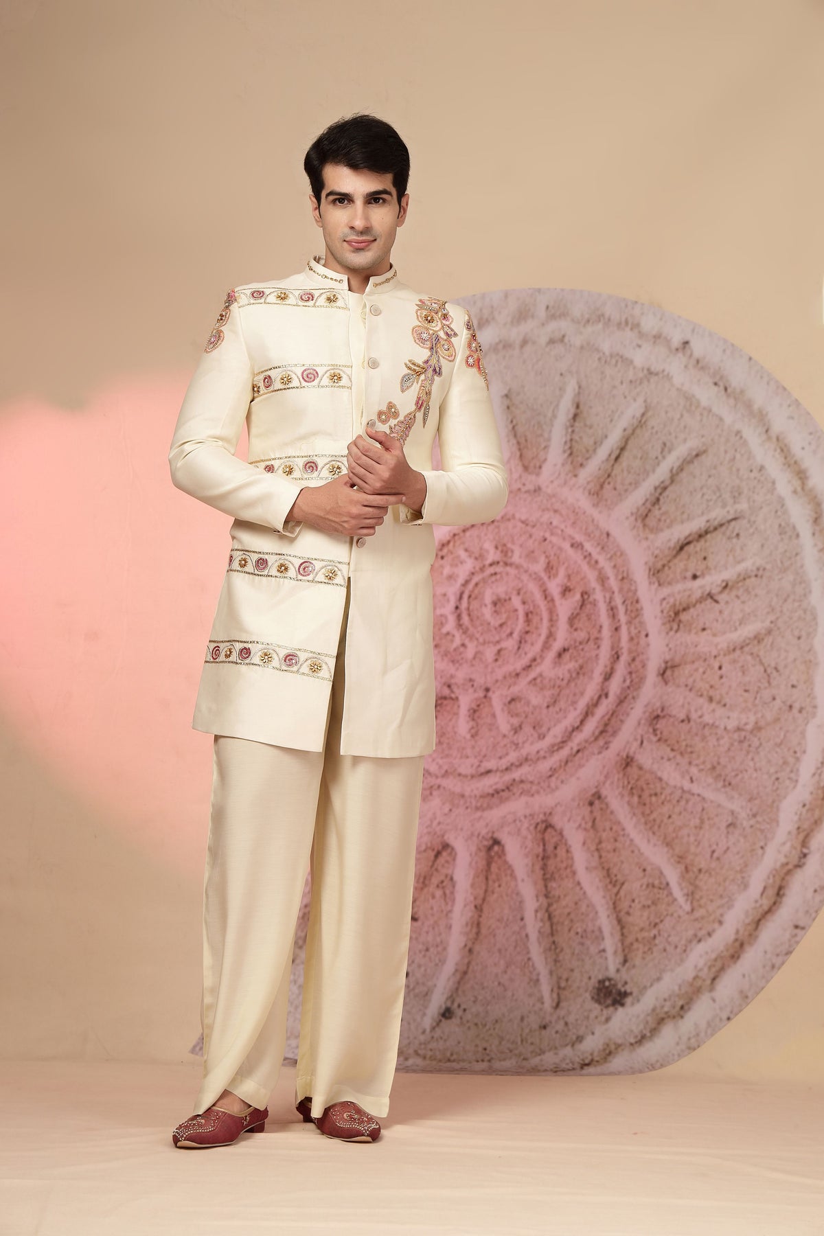 Classic Off-White Embroidered Jacket with Palazzo Pants Ensemble