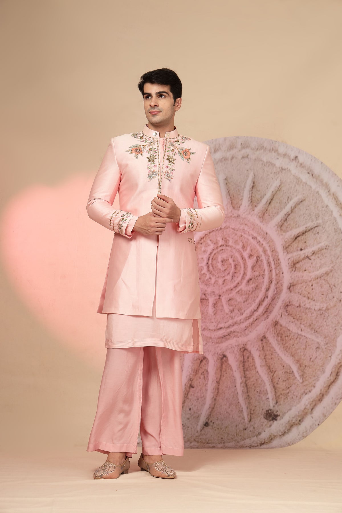 Blush Pink Floral Embroidered Jacket with Palazzo Pants