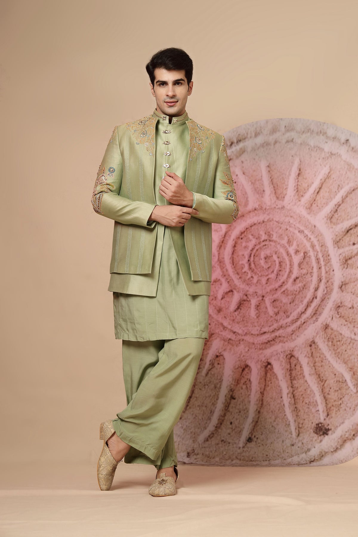 Olive Green Embroidered Short Jacket with Kurta and Palazzo Pants