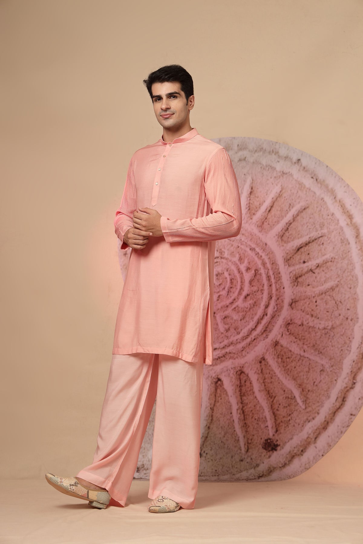 Peach Pastel Embroidered Jacket with Kurta and Palazzo Pants