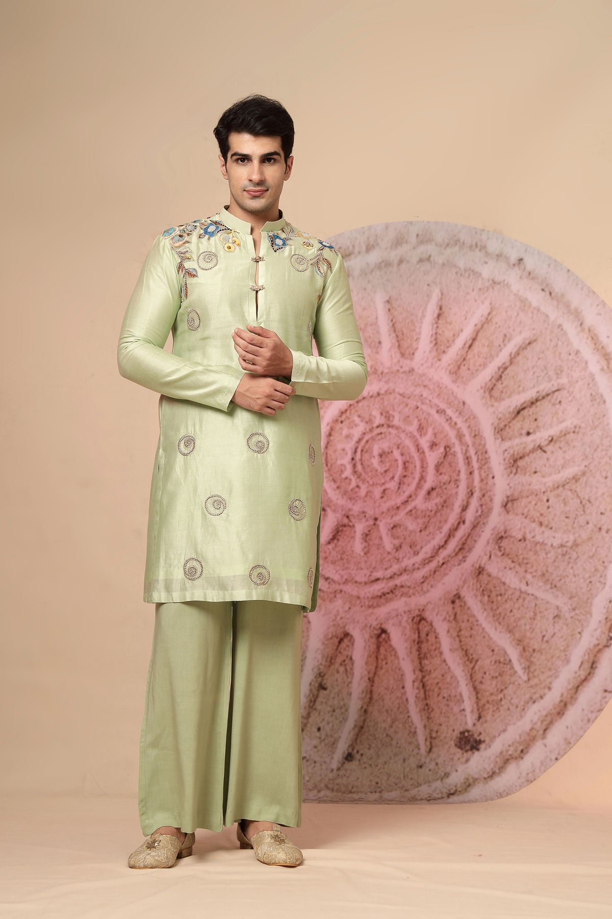 Green Kurta with Embroidered Detail and Palazzo Pants