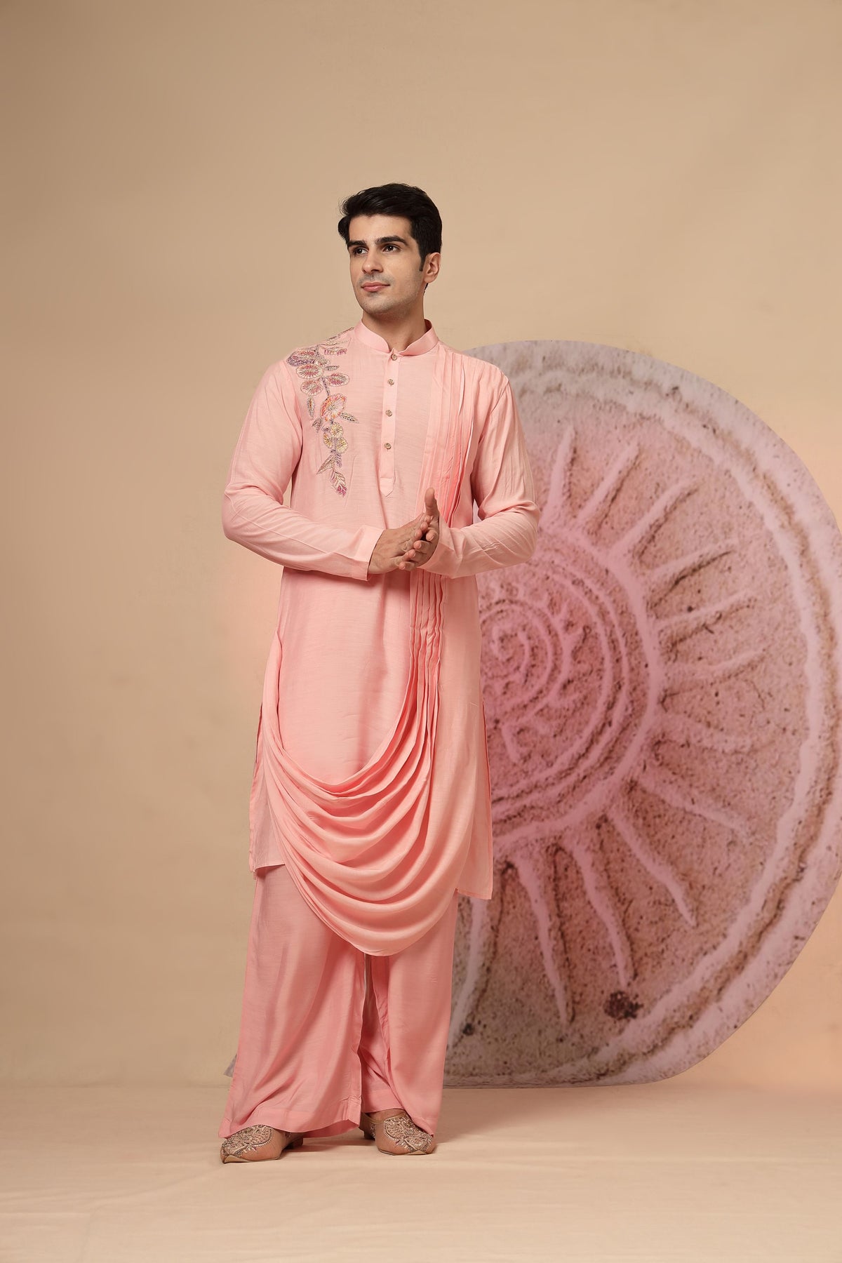 Peach Draped Kurta with Embroidered Detail and Palazzo Pants