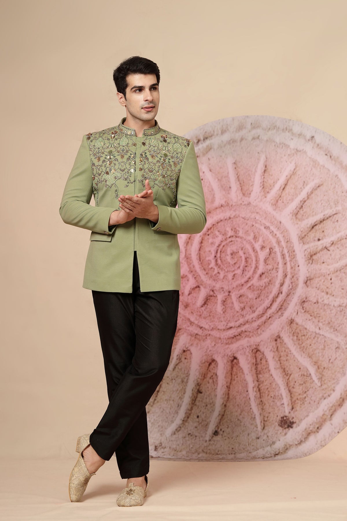 Sage Green Embroidered Jacket with Black Trousers