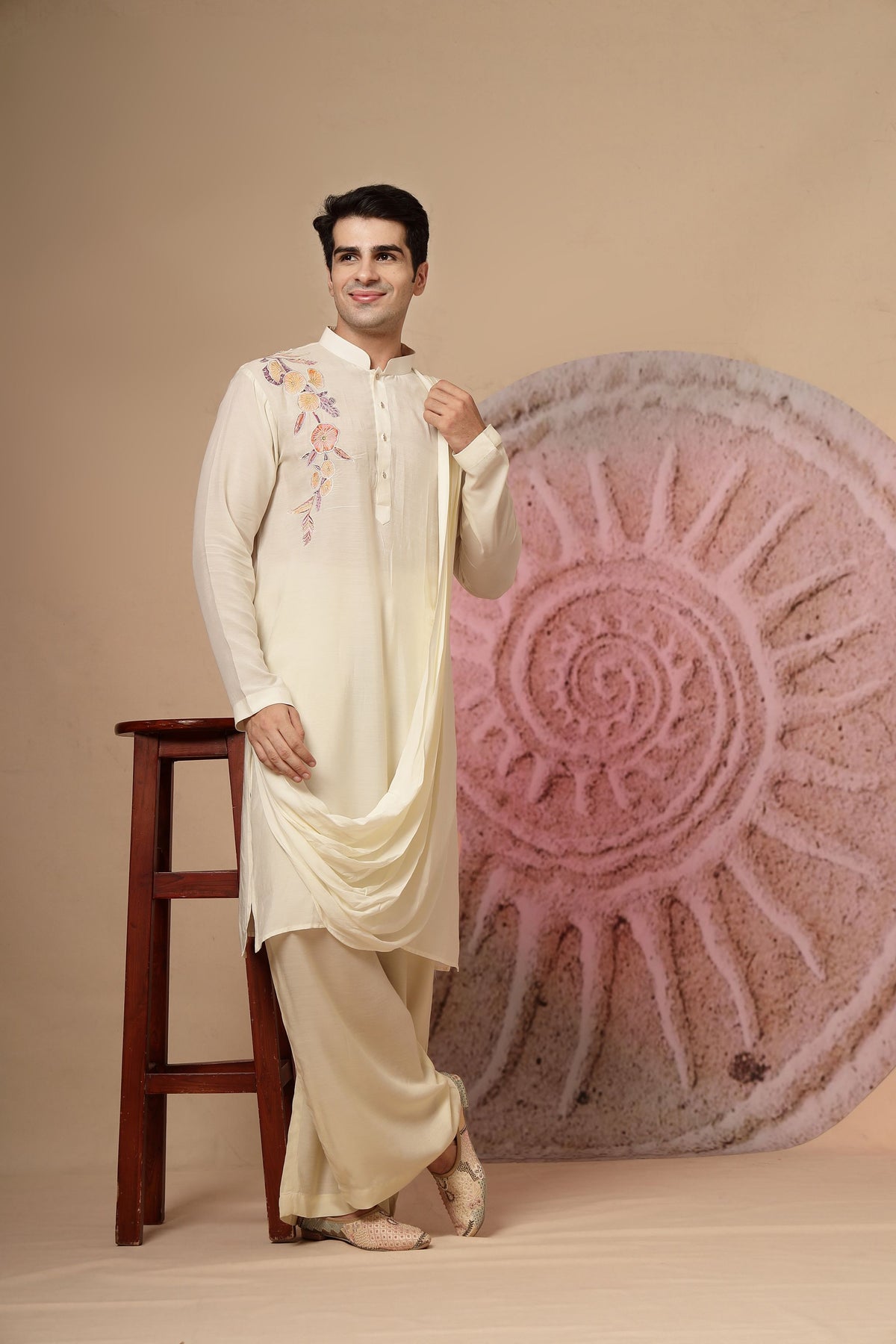 Ivory Draped Kurta with Pastel Embroidery and Palazzo Pants