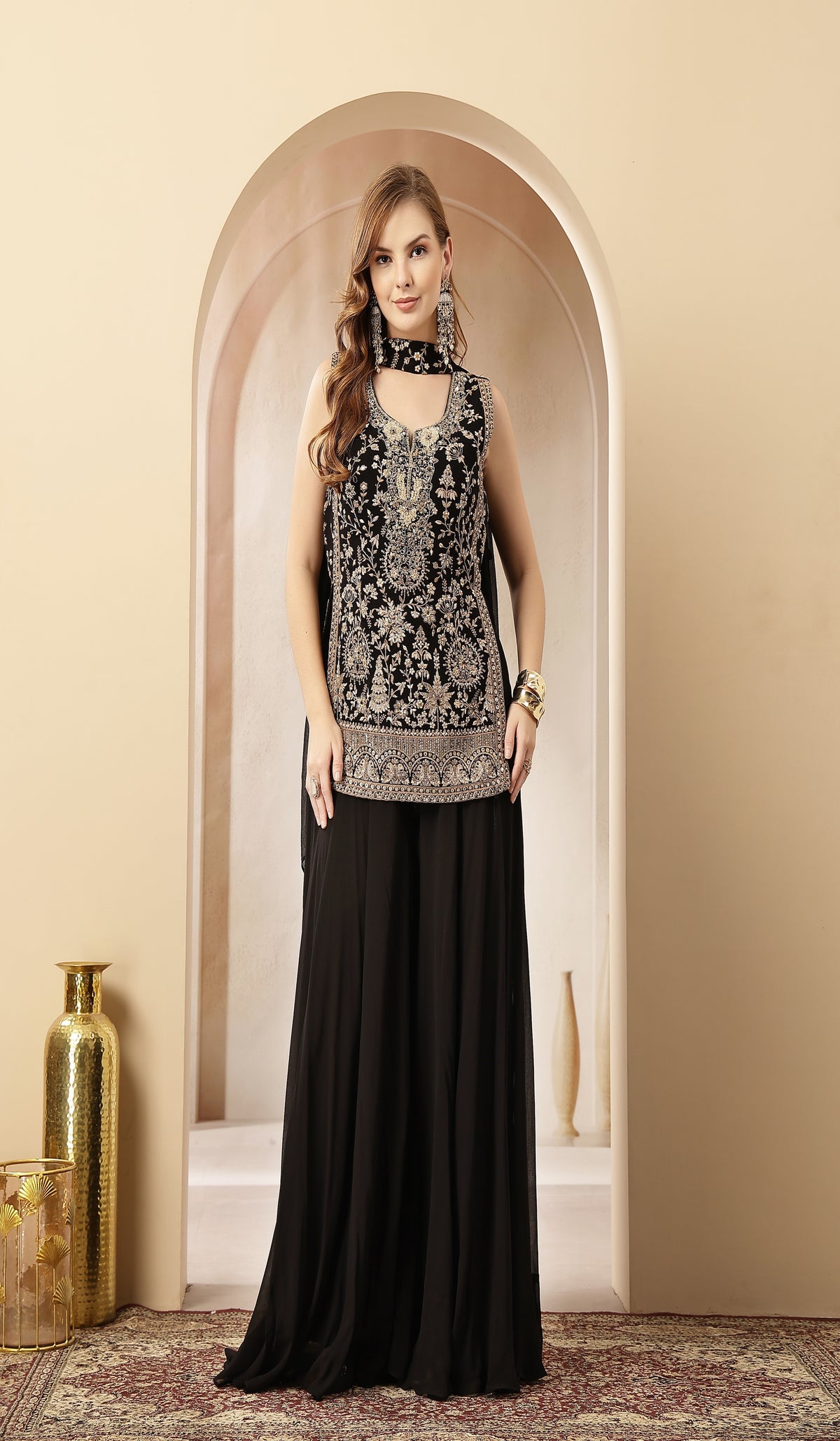 Kaara Black Ensemble Sleeveless Velvet Kurta