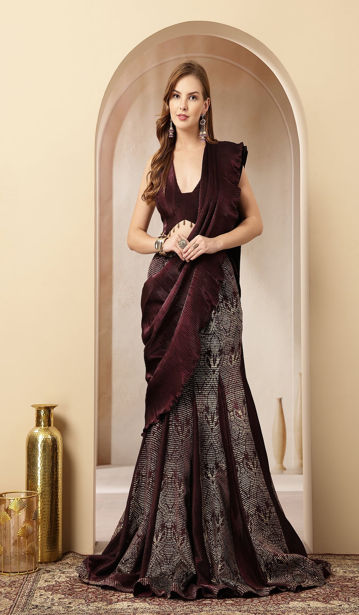 Gul-E-Sham Deep Wine Pre-Draped Saree Gown