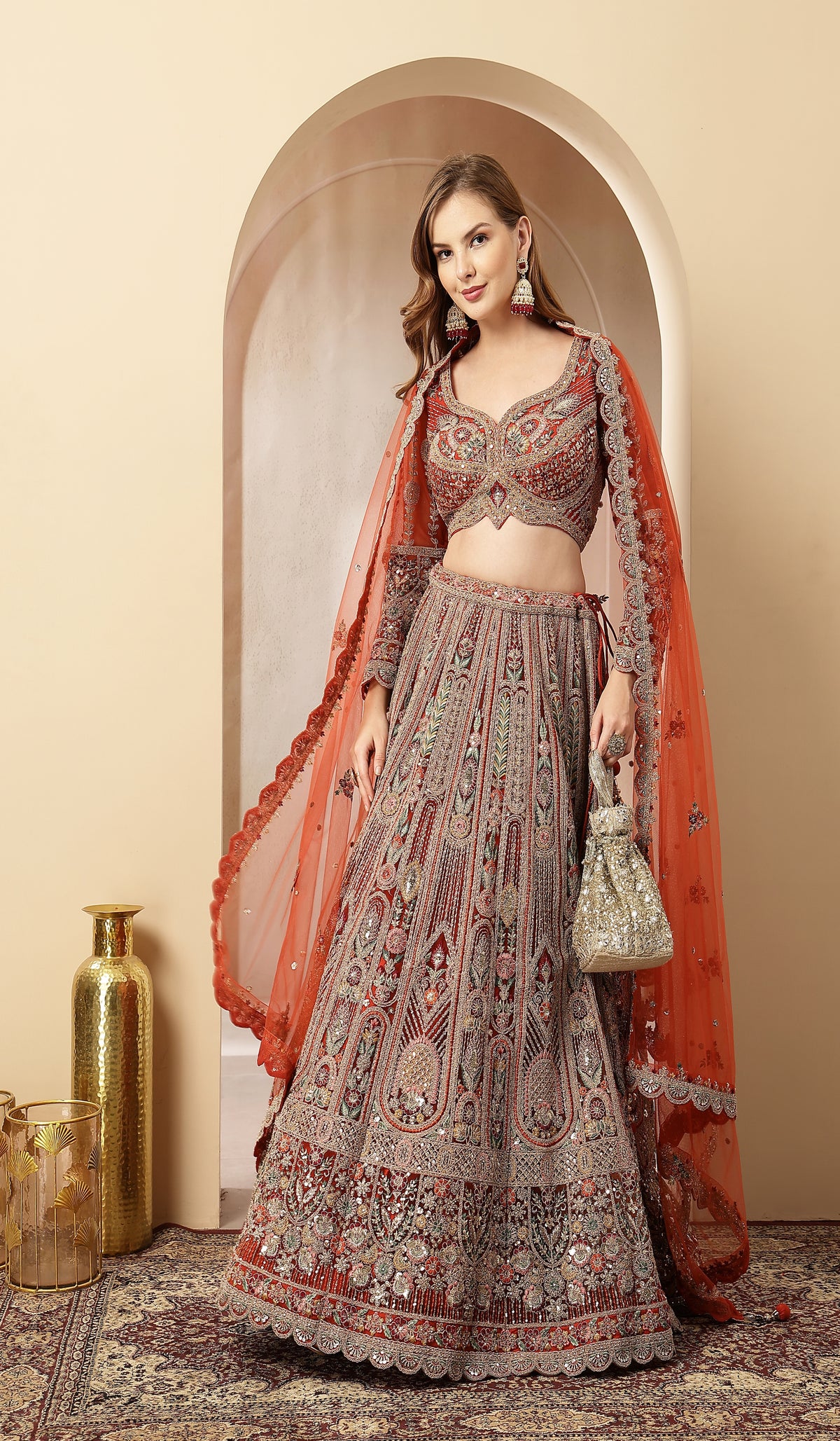 Surkh Nazakat Rust-Orange Pre Draped Lehenga Set