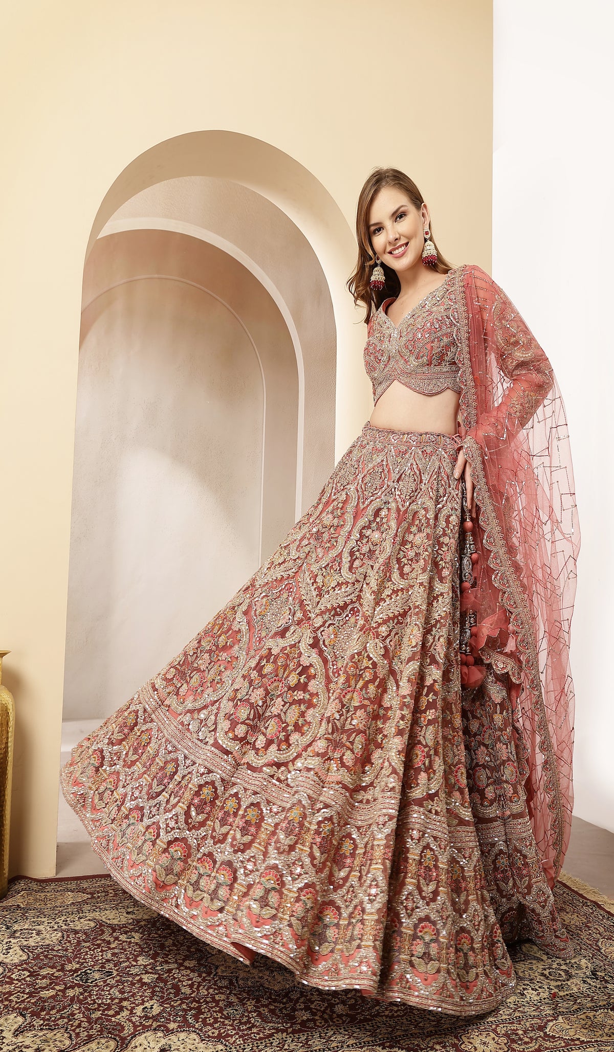 Gulnaar Ehsas Rose Gold Pre Draped Lehenga Set
