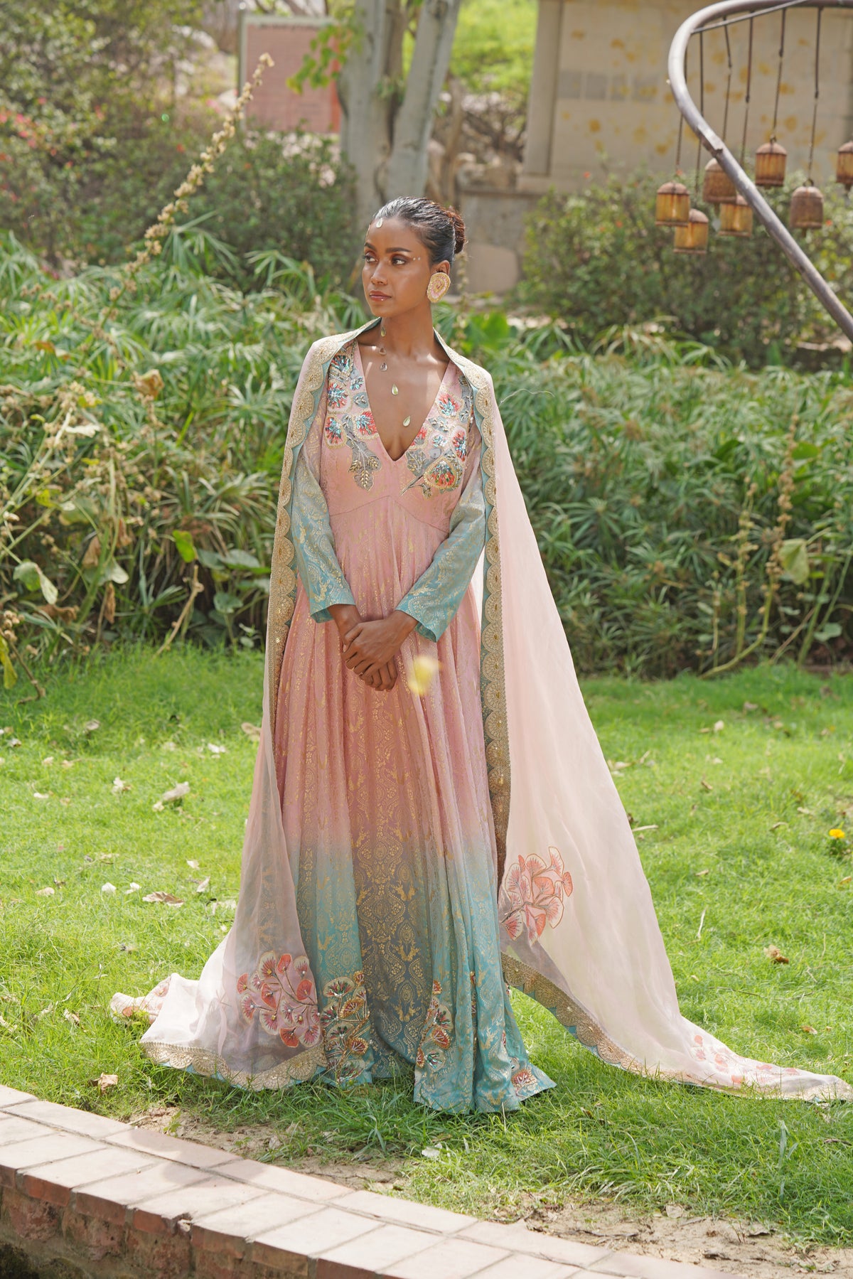 Blush Pink & Light Blue Ombre Anarkali Gown with Embroidered Cape