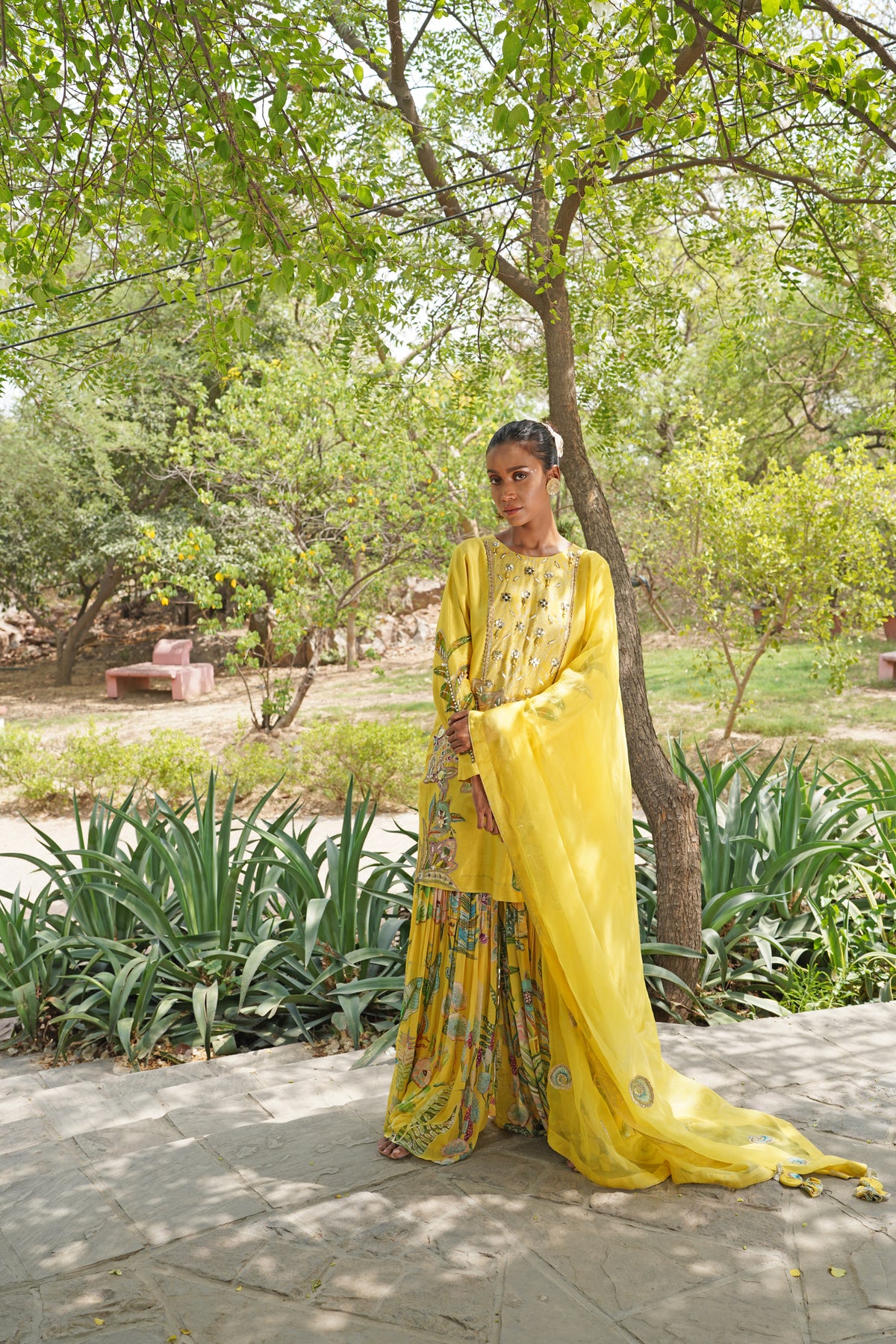 Yellow Printed Kurta-Palazzo Set with Flowing Dupatta