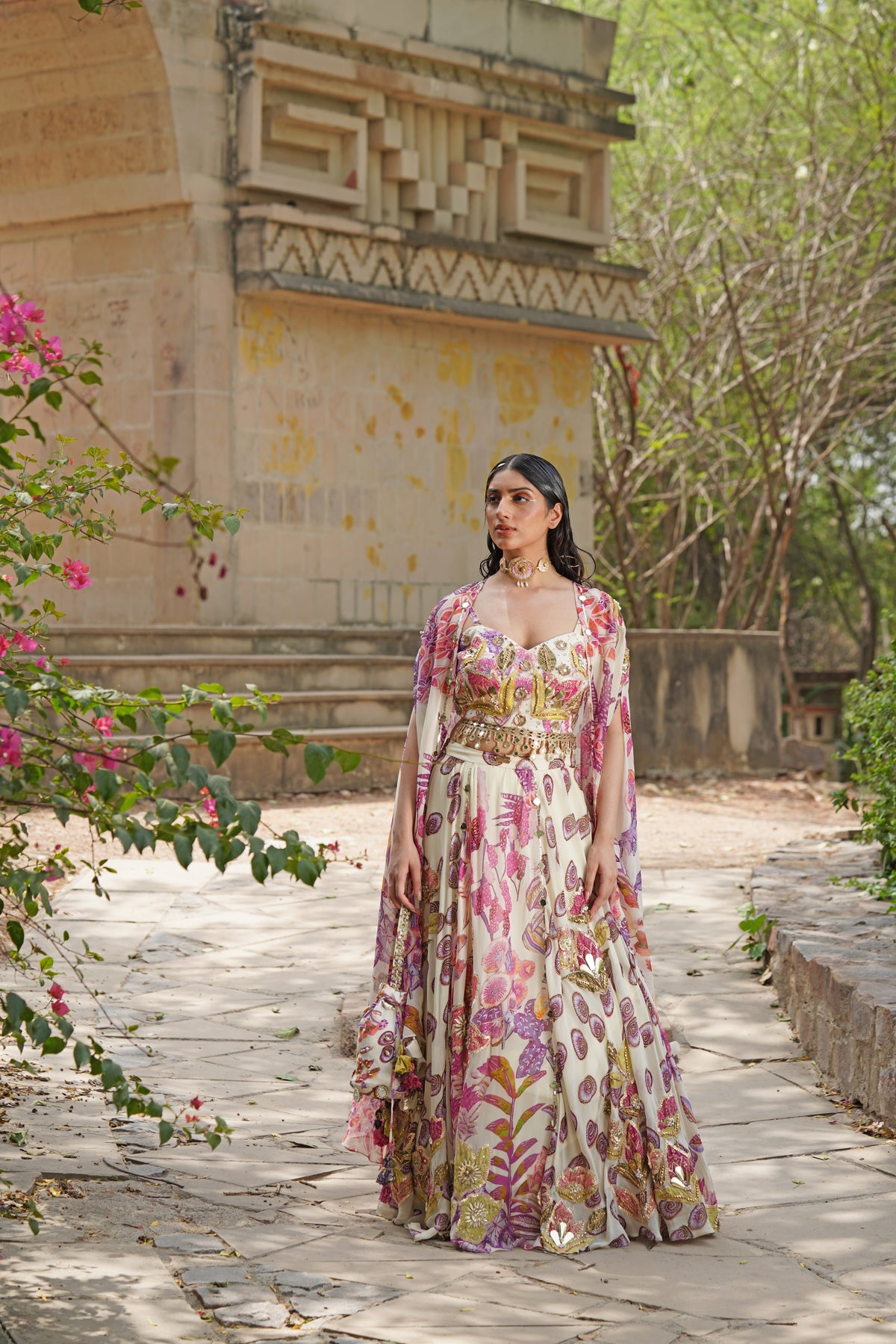 Blush Pink & White Embroidered Lehenga Set with Cape