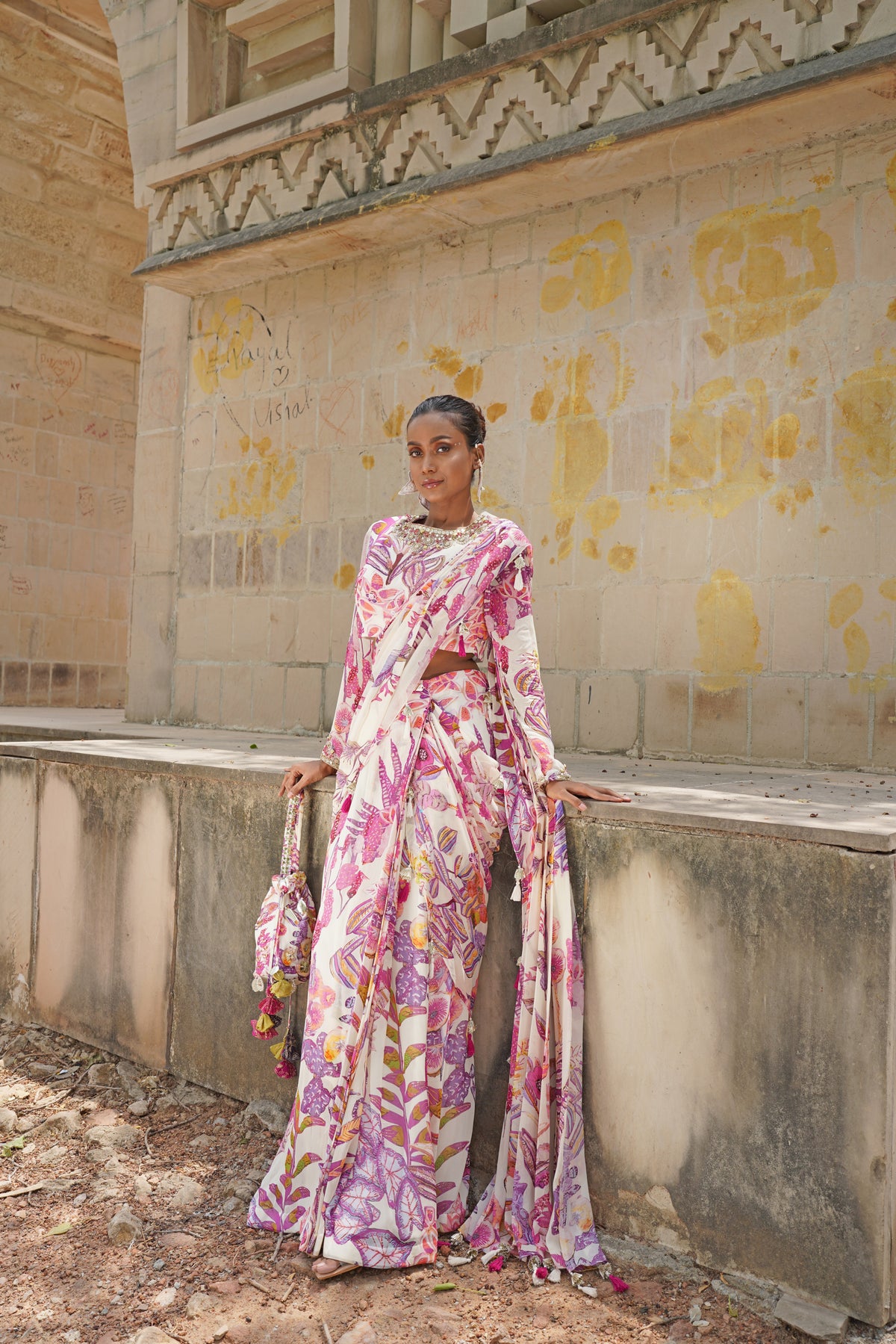 Ivory Pre-Draped Saree Set with Belted Pallu & Full-Sleeve Blouse