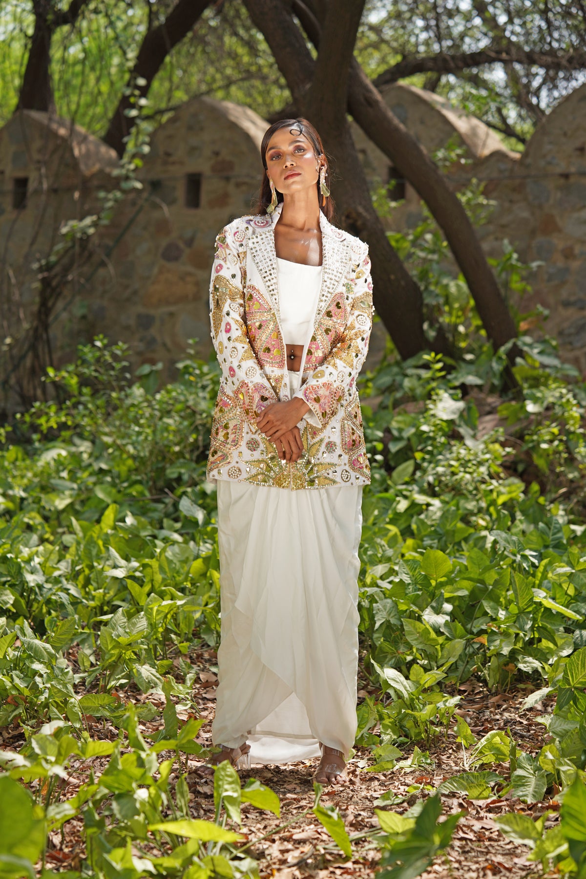 Ivory Embroidered Blazer Set with Draped Skirt & Crop Top