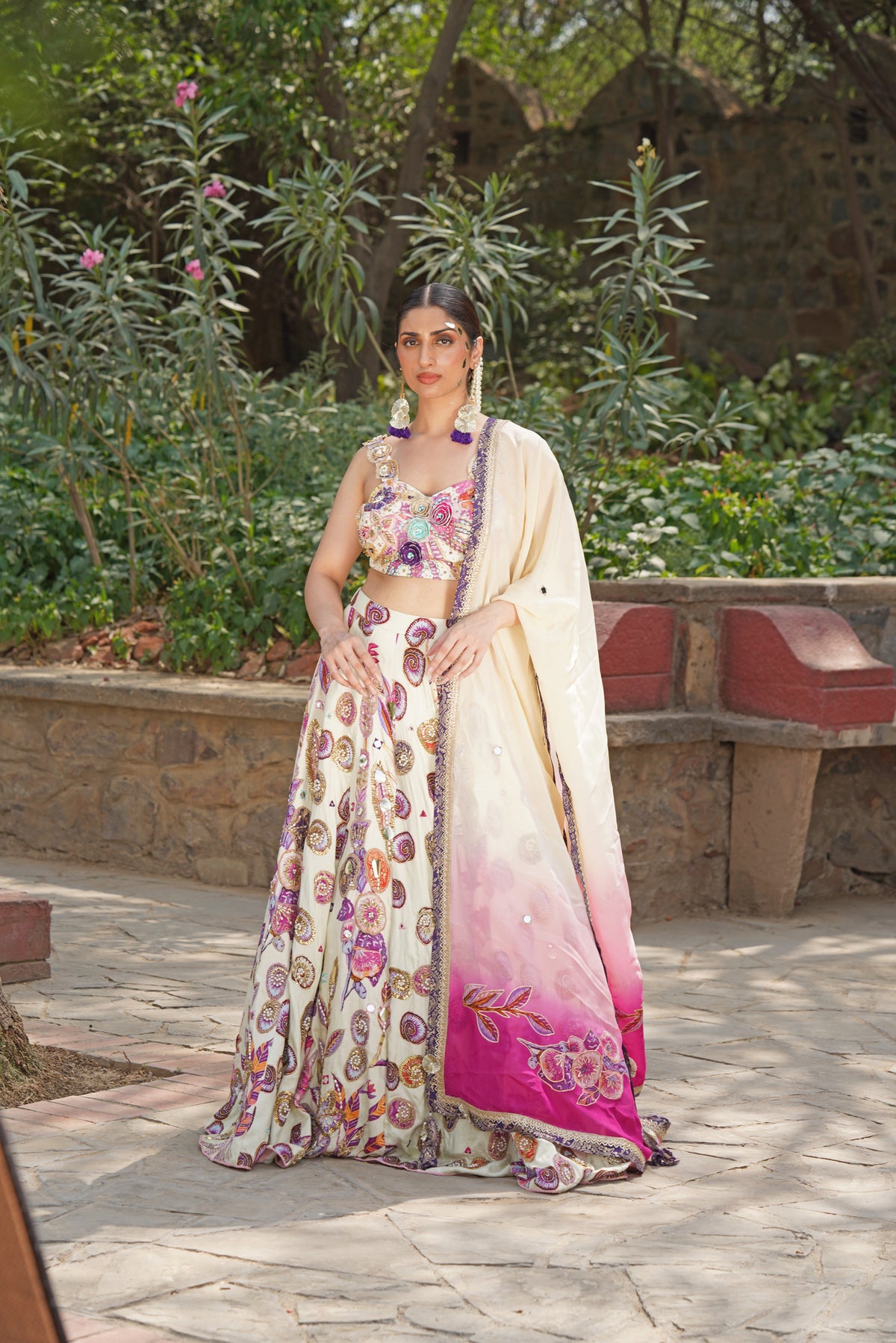 Ivory Lehenga Set with Bustier Blouse & Floral Applique Dupatta
