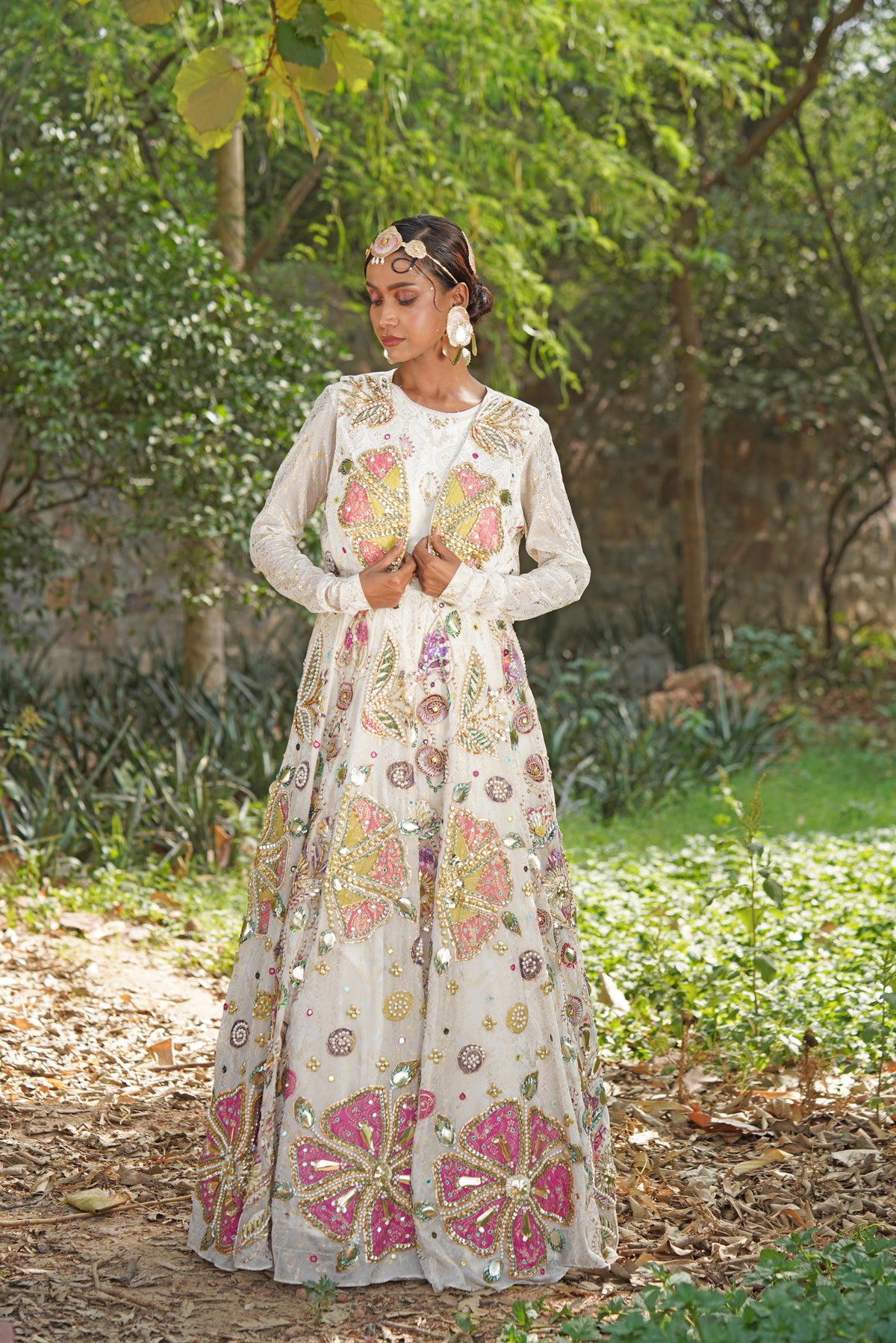 Off-White Mirror Embellished Lehenga Set with Full-Sleeve Choli