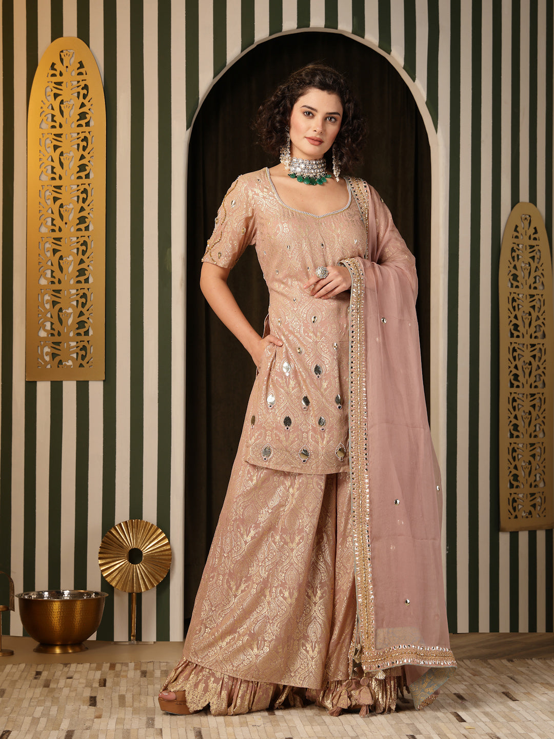 Dull Pink Georgette Garaara Set with Organza Dupatta