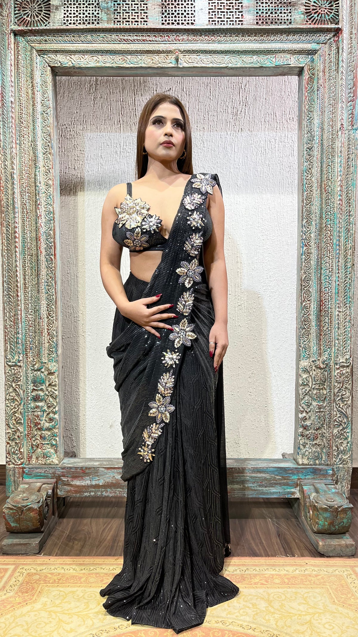 Sequence saree with embroidery patches
