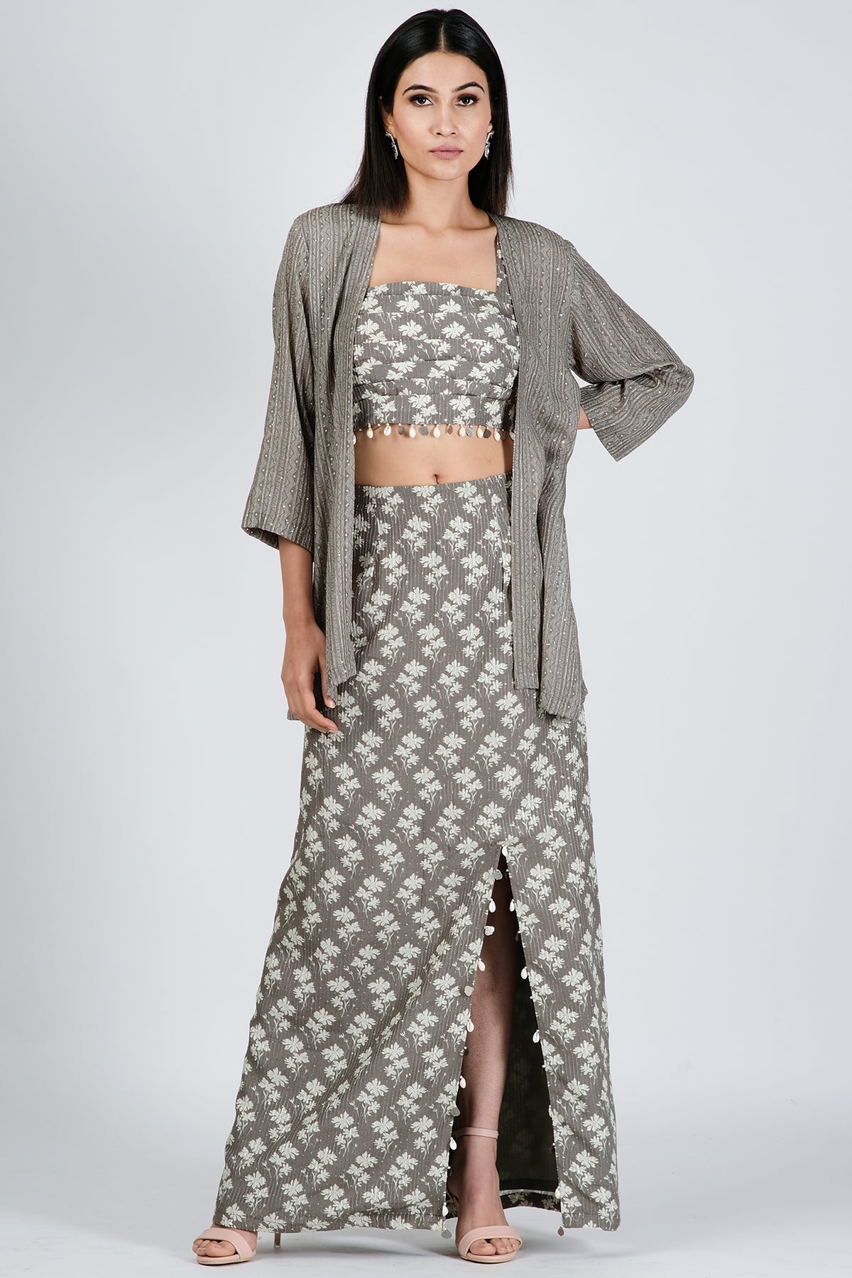 Grey Colored Co-Ord Set In Printed Silk