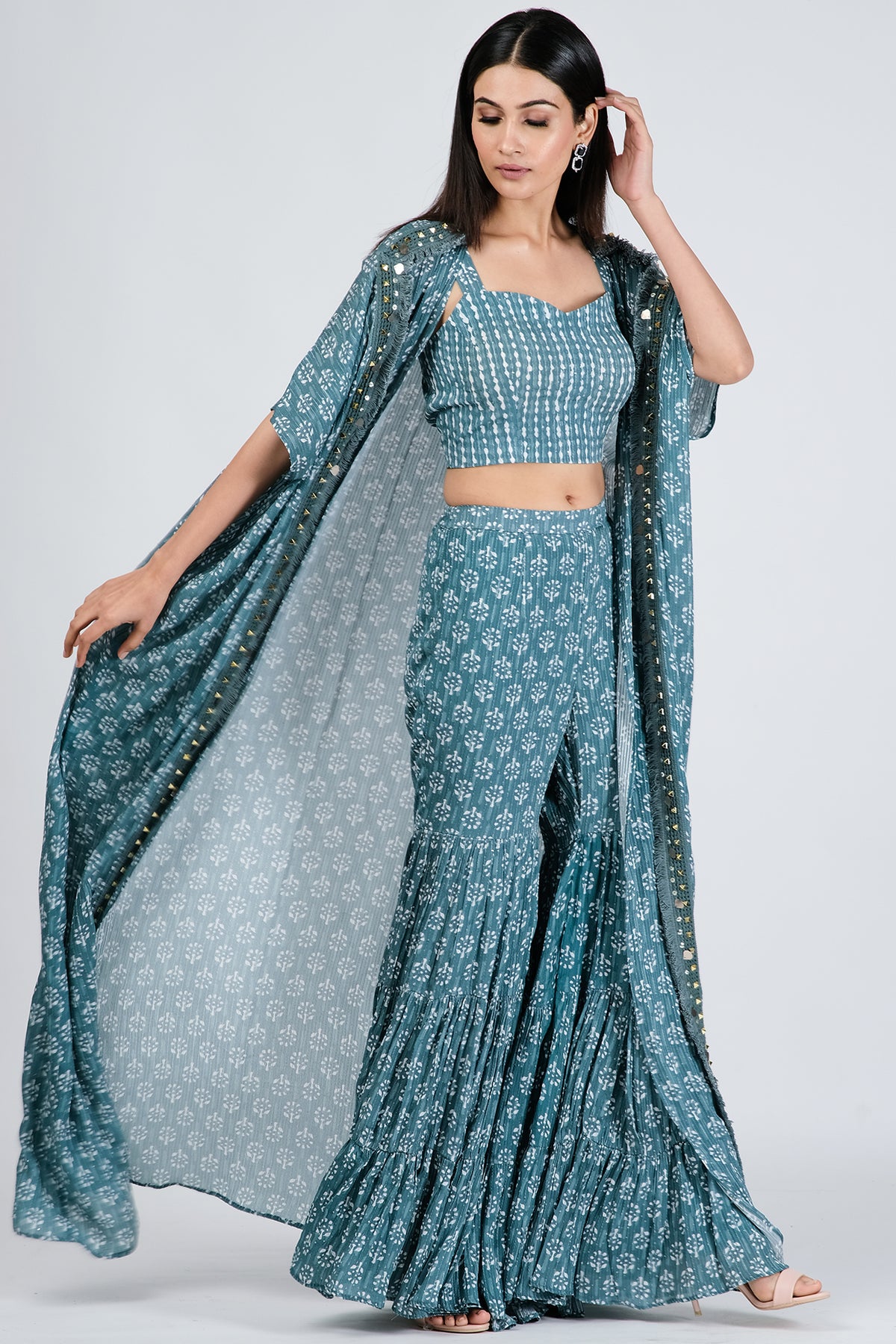 Aqua Blue Co-Ord Set In Printed Silk