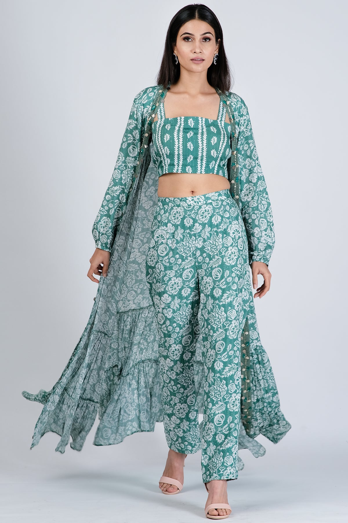 Aqua Blue Co-Ord Set In Printed Silk