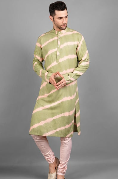 Mint Green Sherwani With Tie Dye Kurta And Blush Pink Churridar