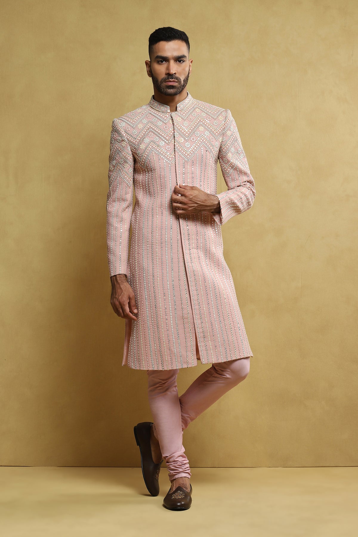 Baby Pink Embroidered Sherwani In Georgette