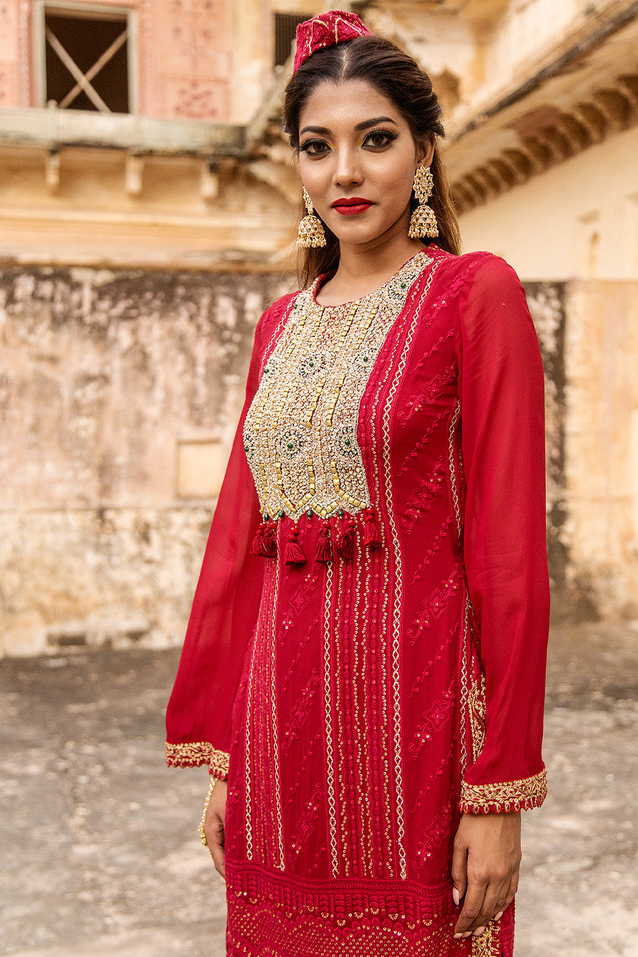 Embroidered Kurti With Printed Bottom