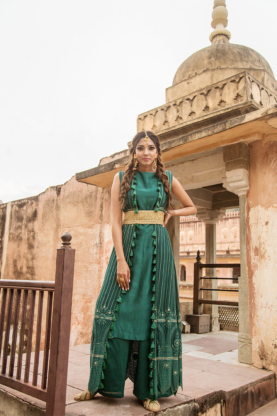 Anarkali With Plazo Paired With A Lucknowi Cape And Embroidered Belt