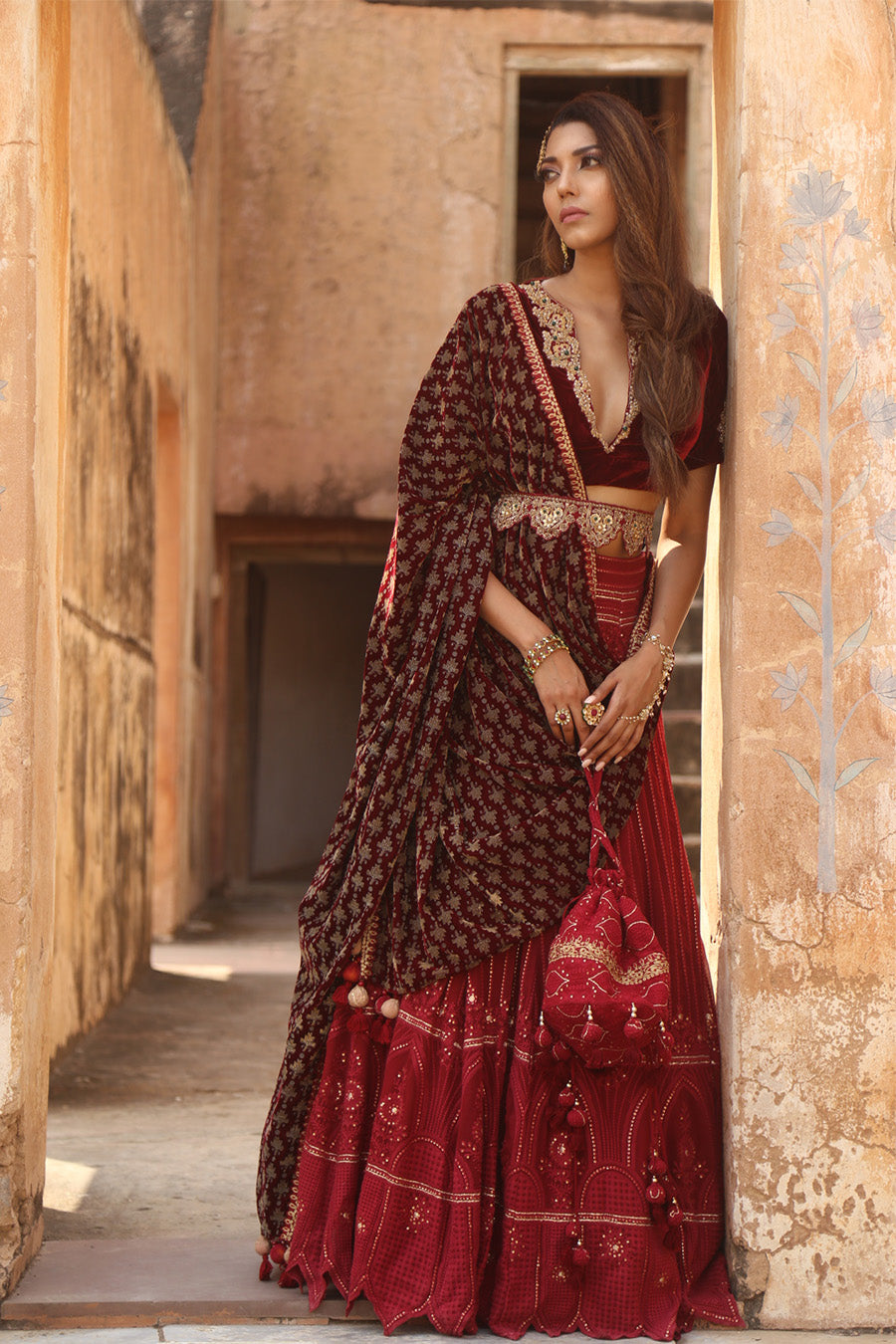 Lucknowi Chikankari Lehenga Matched With Velvet Blouse And Attched Duppatta And Potli