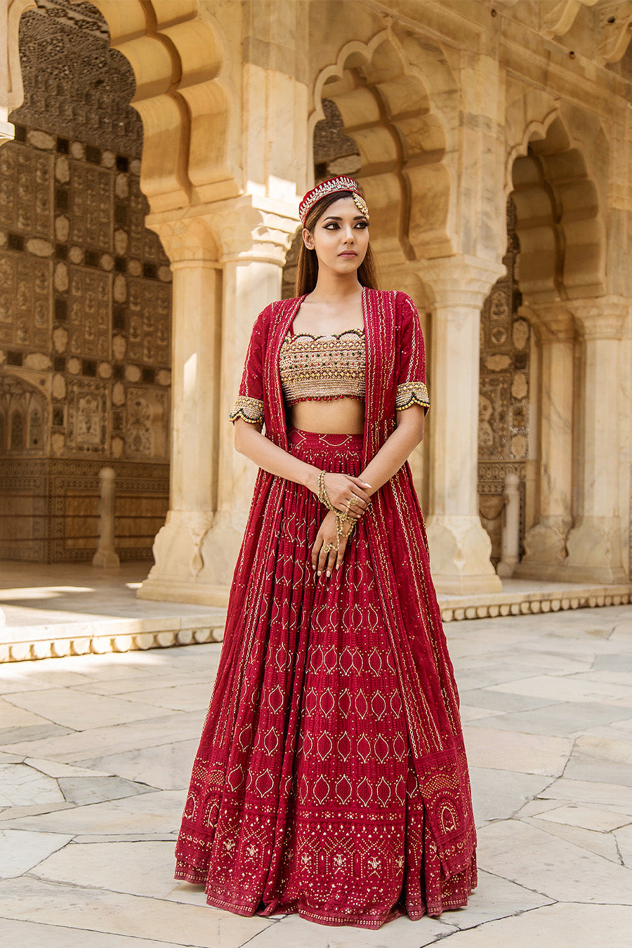 Lucknowi Chikankari Lehenga With Embroidered Blouse With Cape