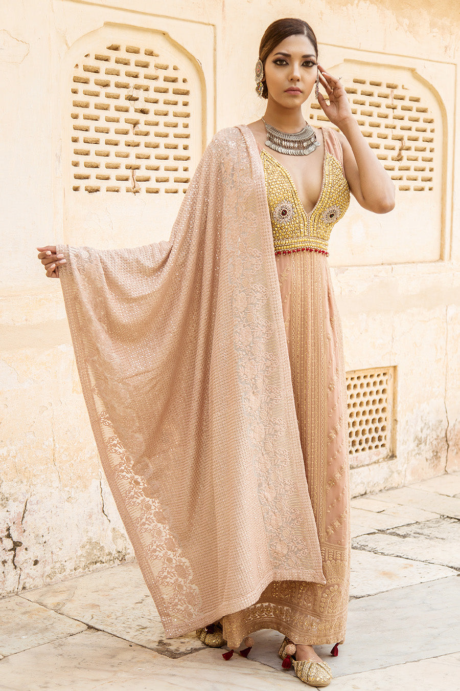 Lucknowi Lehenga Paired With Complimenting Sequenced Work Peach Stole